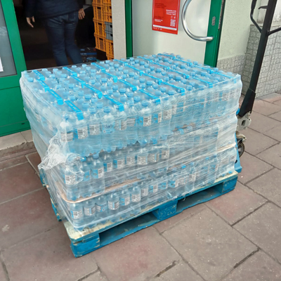 One of the many pallets of emergency water bottles