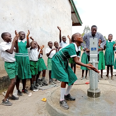 A new hand-pump at Rongo Primary School 